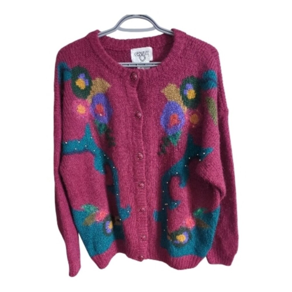 Cervelle Beaded Flower Pattern Mohair Blend Knit Cardigan‎ Vintage Size XL